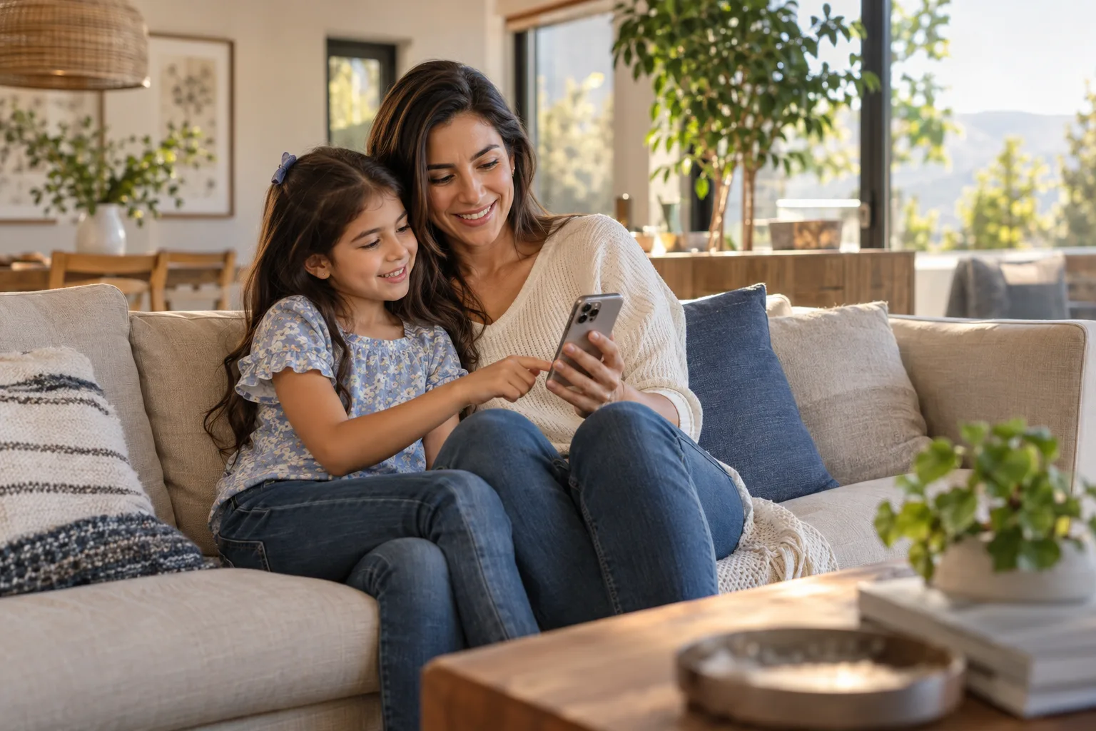 Madre e hija comparten un momento tranquilo mientras usan un celular en casa.